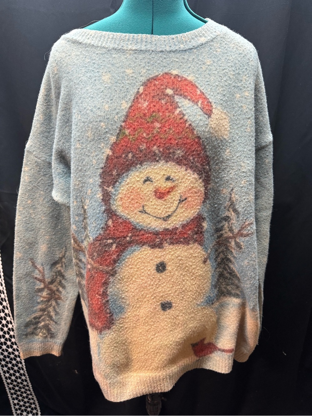 Source Unknown Light Blue & Red Snowman Crewneck Sweater